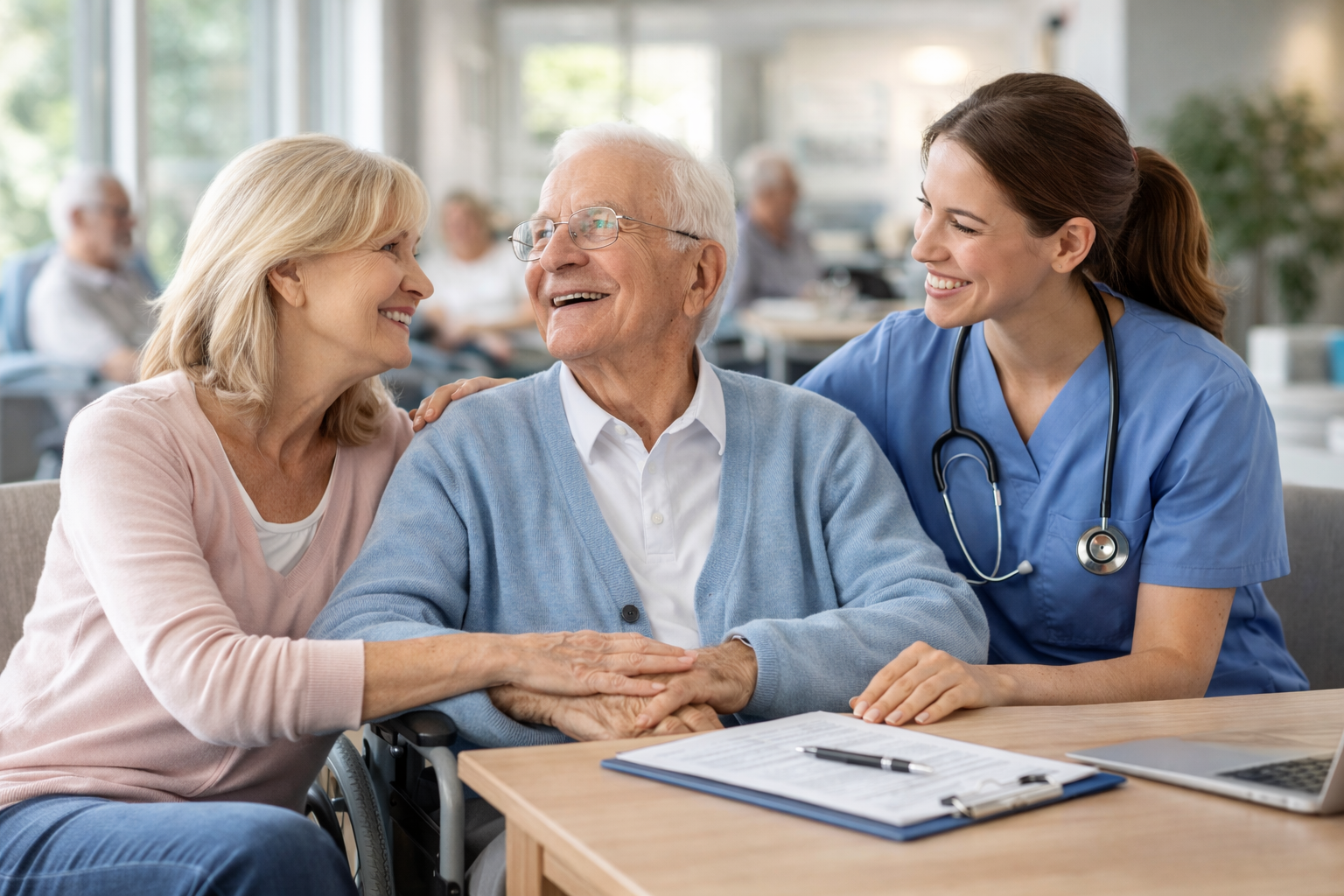 An elderly couple reviewing documents with an attorney